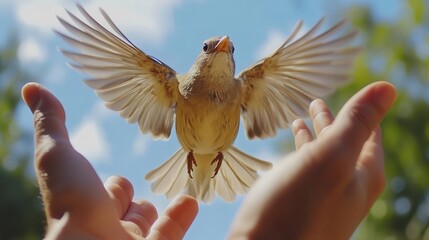 Freedom, close-up of hands releasing a bird into the sky