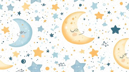 Sleepy moons and stars night sky pattern, perfect for children's textiles or nursery decor