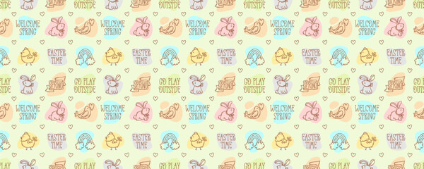 Easter season doodle style icons and quotes seamless pattern, hand-drawn spring hunt theme background, cute symbols and elements collection.