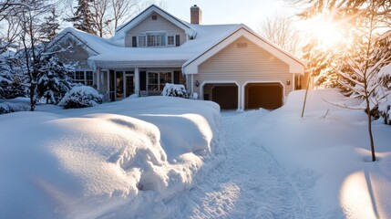 Snowy suburban home sunrise; winter landscape