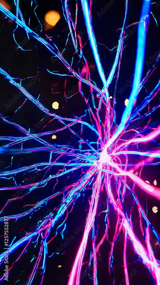 Poster an ethereal shot where interconnected neon strands flicker with pulsating sparks of electricity, set