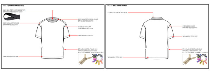 Short Sleeve Crew Neck Drop Shoulder T-shirt Fashion Design Technical Tech Pack. 