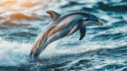 Fototapeta premium Marine life, close-up of a dolphin jumping out of the water, bright ocean backdrop