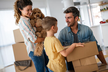 New home, box and parents with child in new house, property mortgage and real estate investment.