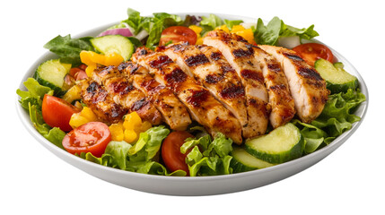 Delicious salad in a white bowl. In the center is a juicy, toasted chicken breast, sliced. She is lying on a pillow of fresh green lettuce leaves.