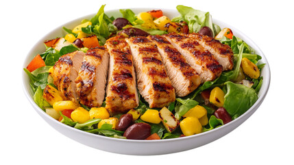 Delicious salad in a white bowl. In the center is a juicy, toasted chicken breast, sliced. She is lying on a pillow of fresh green lettuce leaves.