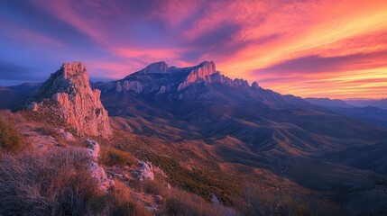 Naklejka premium Mountains, close-up of rugged peaks against a vibrant sunset sky