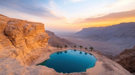 Fototapeta premium Serene natural pool at the bottom of a rocky wadi surrounded by lush vegetation and steep cliffs