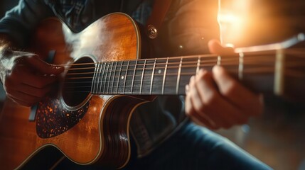 Fototapeta premium Music, close-up of hands strumming a guitar, bright studio background