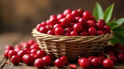 A wicker basket overflowing with vibrant red cherries, surrounded by more luscious cherries scattered on a rustic wooden surface, a picturesque display of summer's bounty.