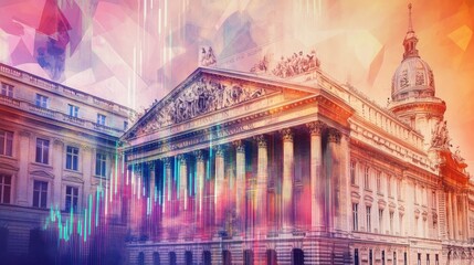 Stock market graph overlaying classic European building.