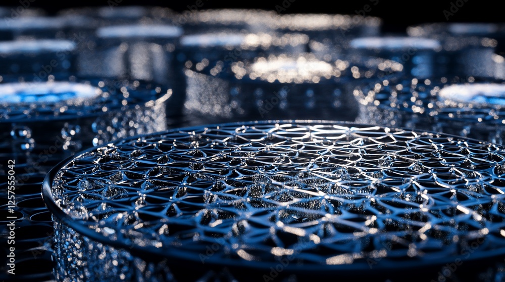 Poster abstract blue geometric network: 3d render of intricate metallic structures
