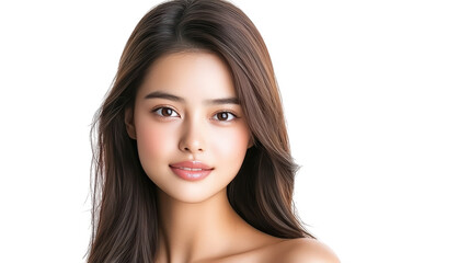 Obraz premium Striking portrait of a woman with long, flowing brown hair against dramatic black background