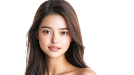 Striking portrait of a woman with long, flowing brown hair against dramatic black background