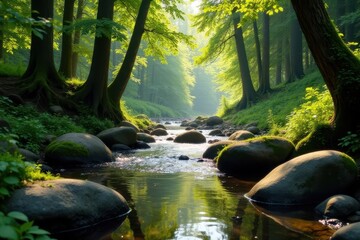 Serene woodland stream flowing gently through a sun-dappled forest, reflecting the vibrant green canopy and mossy boulders