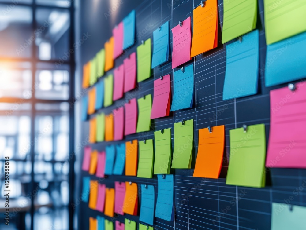 Poster colorful sticky notes arranged in an organized pattern on a white wall for ideas and reminders