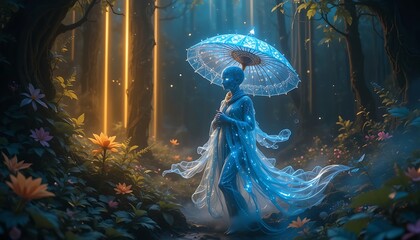 Mystical Figure with Umbrella Walking Through Enchanted Forest Scene