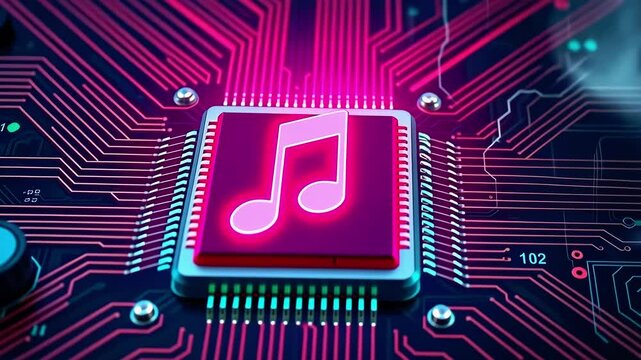 Vibrant digital music chip on a circuit board, representing technology integration in music production