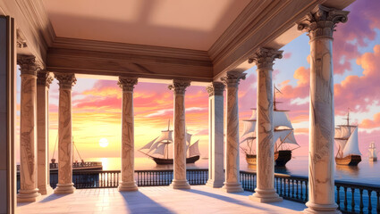 Renaissance colonnade overlooking a sunset-drenched harbor. A Fleet of Classic Sailing Ships Silhouetted Against a Vibrant Sunset Sky, Viewed from an Elegant Balcony with Architectural Columns. 2