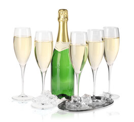 Champagne in glasses and bottle isolated on white. Sparkling wine