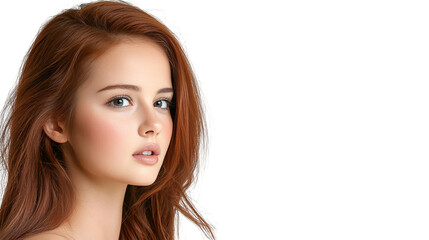 Fototapeta premium Portrait of a woman with long flowing red hair and stylish white top