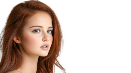 Portrait of a woman with long flowing red hair and stylish white top