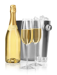 Champagne and bucket with ice isolated on white