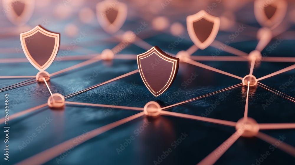 Poster security risk protection network with interconnected nodes and shield icons, symbolizing collaborati