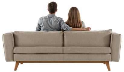 Couple sitting on a modern sofa, back view, isolated on a transparent background