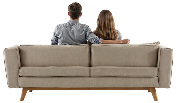 Couple sitting on a modern sofa, back view, isolated on a transparent background