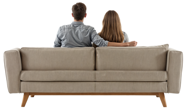 Couple sitting on a modern sofa, back view, isolated on a transparent background