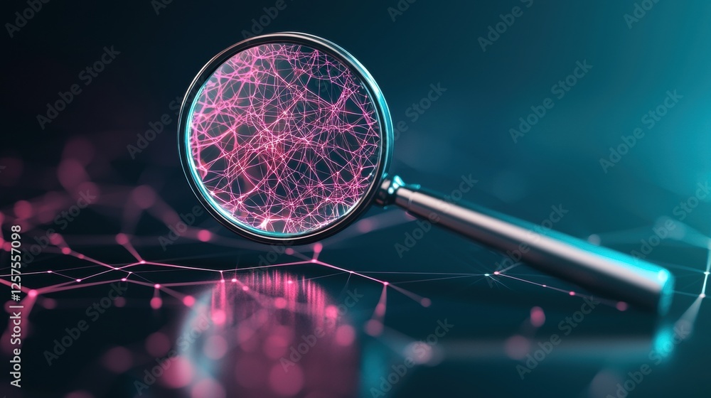 Poster security risk vulnerability a magnifying glass over a network diagram, symbolizing the identificatio