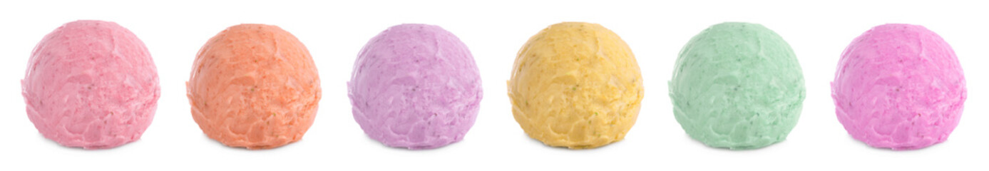 Tasty ice-cream, scoops of different flavors on white background, set