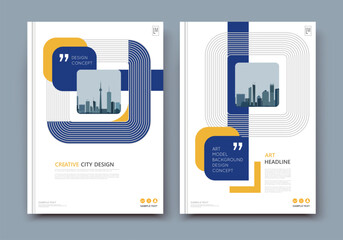 Abstract a4 brochure cover design. Ad text frame. Urban city view font. Title sheet model. Modern vector front page. Brand logo. Banner texture. Black, white, Blue square icon. Flyer fiber