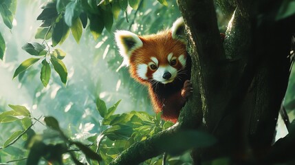 Red Panda Hiding Jungle Tree Mist Wildlife Conservation