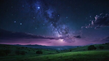 Fototapeta premium Night Sky with Milky Way Over Rolling Green Hills Landscape