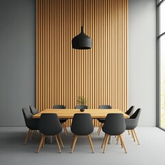 Modern Dining Room Interior with Wood Paneling.