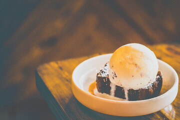 Homemade banana cake, salted caramel ice cream and toasted almond