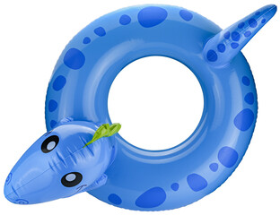 Blue inflatable ring with dinosaur head and tail isolated on a transparent background. Completely in focus. Focus stacking. Top view.
