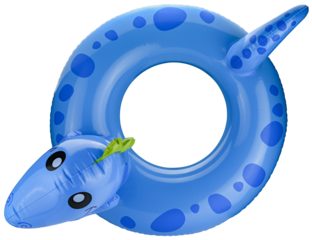 Blue inflatable ring with dinosaur head and tail isolated on a transparent background. Completely in focus. Focus stacking. Top view.