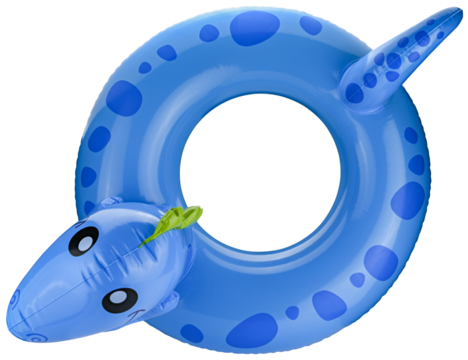 Blue inflatable ring with dinosaur head and tail isolated on a transparent background. Completely in focus. Focus stacking. Top view.