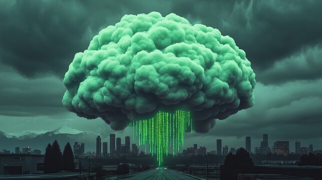 A surreal green binary code cloud looms over a cityscape, emitting a digital rain, evoking themes of technology and environmental change.