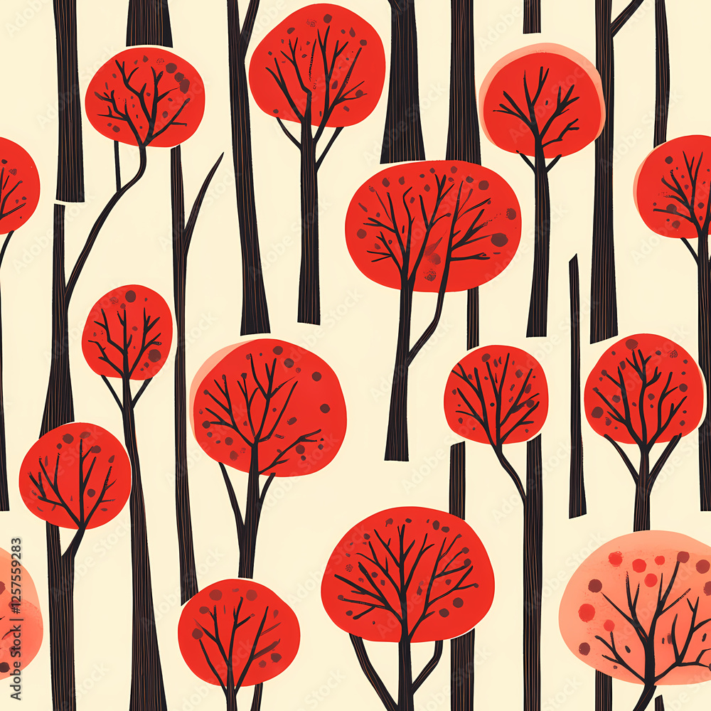 Poster colorful autumn forest pattern with vibrant orange trees and dark trunks. generative ai