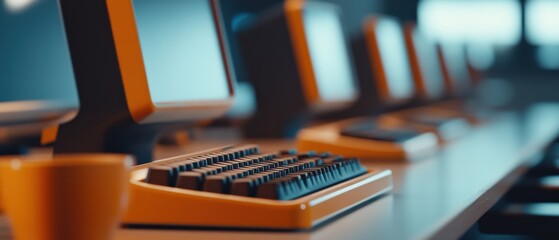 retro computer workstation with keyboards and monitors