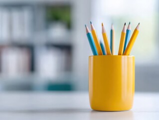 pencils in a yellow cup on a desk.