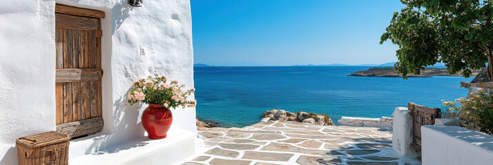 Fototapeta premium A red vase of flowers on the white steps of a Greek house. In the background a white and bluish bay.AI generative.