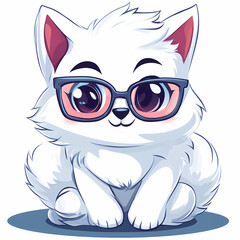 Fototapeta premium Cute white cat with glasses sitting adorably on a plain background. Generative AI