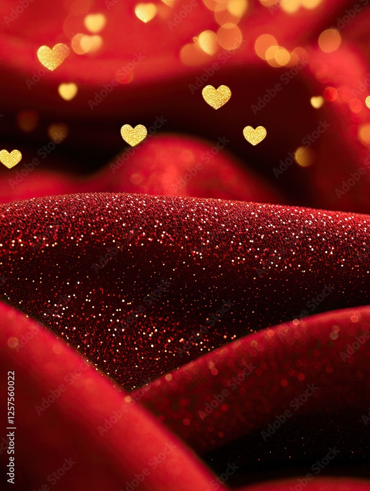 Poster a close-up of shimmering red fabric with sparkling elements and floating golden heart shapes, creati