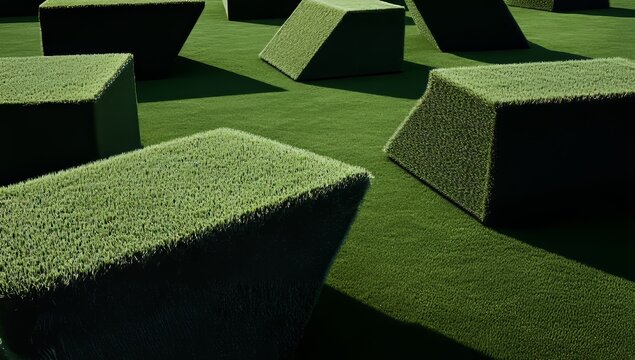 Rows of square bales of freshly cut green hay on a sunlit field