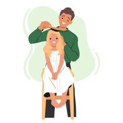 Father enjoying parenting combing little daughter long blond hair engaged in morning care routine